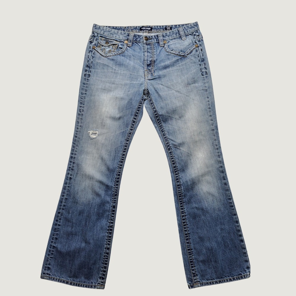 Mek Denim Oaxaca Jeans Mens 38x34 Blue Good Distressed Slim Bootcut Embroidery